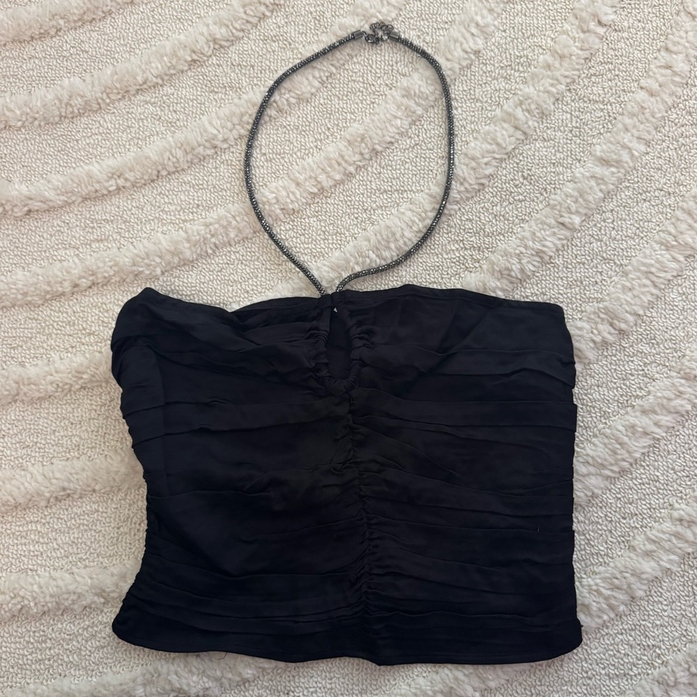 H&M silky black top with necklace strap detail